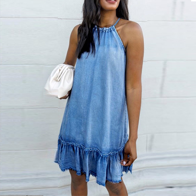 Summer Women Elegant Sweet Sleeveless Denim Halter Neck Dress