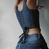 Women Fashion Irregular Split Stitching Bandage Denim Crop Top