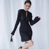 Women Fashion Sexy Creased Hollow Long Sleeve Mini Dress