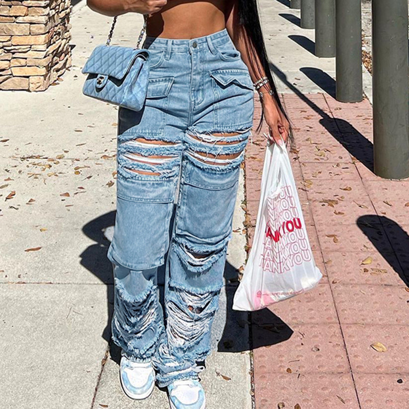 Women Fashion Casual Defined Waist Ripped Wide-Leg Jeans