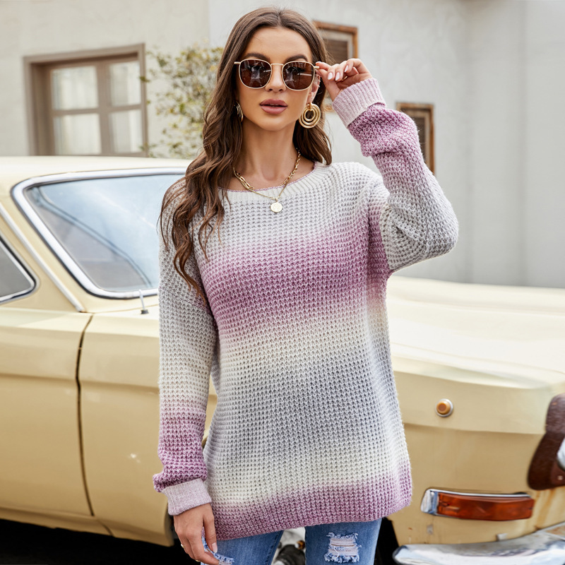 Women Fashion Gradient Color Pullover Long Sleeve Loose Knitted Sweater