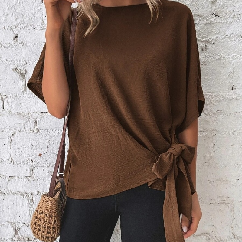 Casual Women Summer Solid Color Dolman Sleeve Hem Knotted Loose Top Blouse