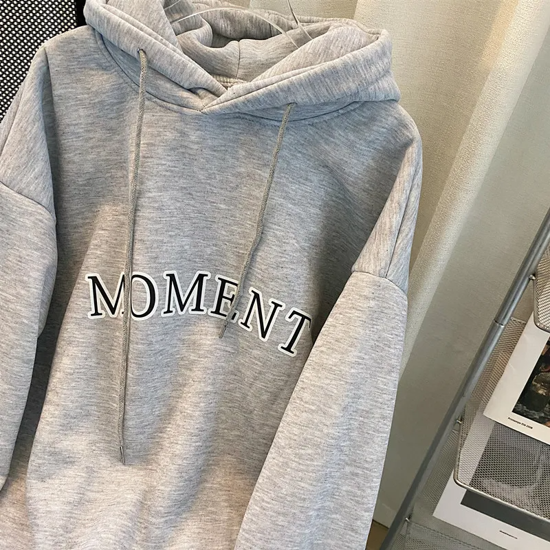 Autumn And Winter Women Loose Solid Color Thickened Letter Printed Long-Sleeved Hoodie Dress