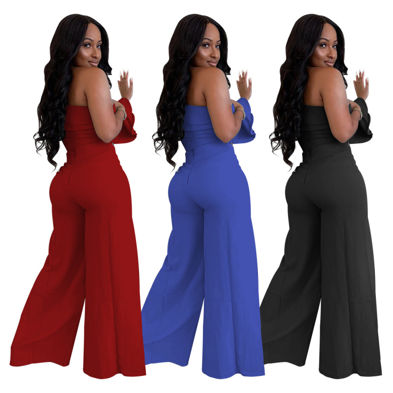 Women Fashion Sexy Solid Color One-Sleeve Top Slit Pants Set