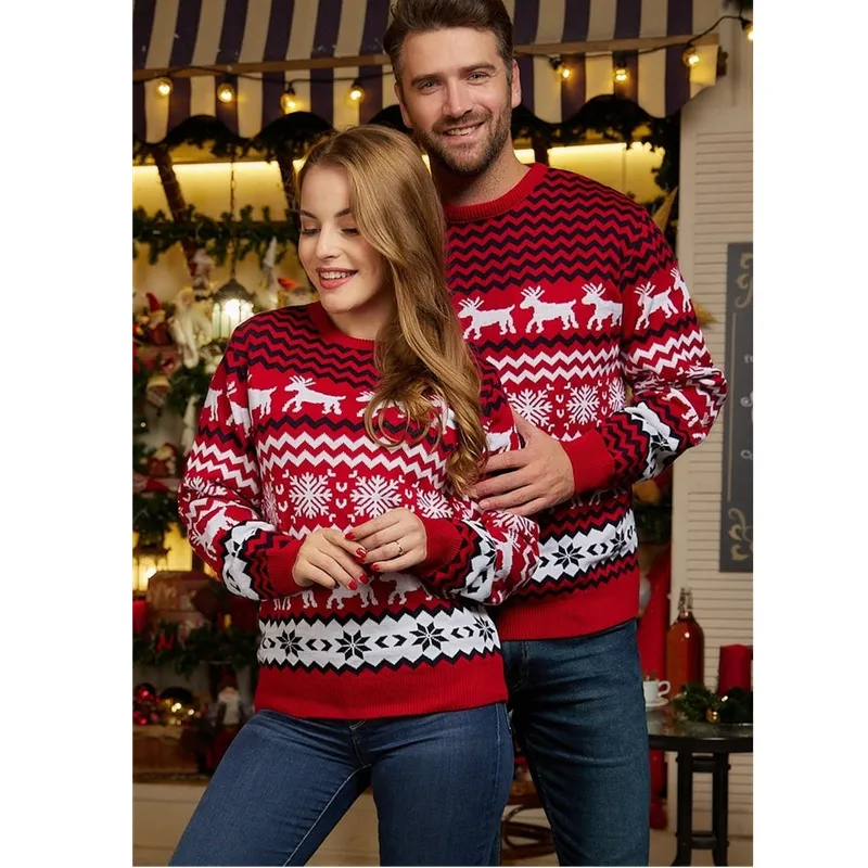 Fashion Winter Couple Men Women Christmas Round Neck Elk Jacquard Long Sleeve Knitted Sweater