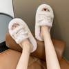 Autumn Winter Women Fashion Solid Color Plush Belt Buckle Round Toe Flat Home Slippers