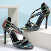 Women Fashion Sexy Plus Size Snake-Print Strap Round Toe Stiletto Heel Sandals