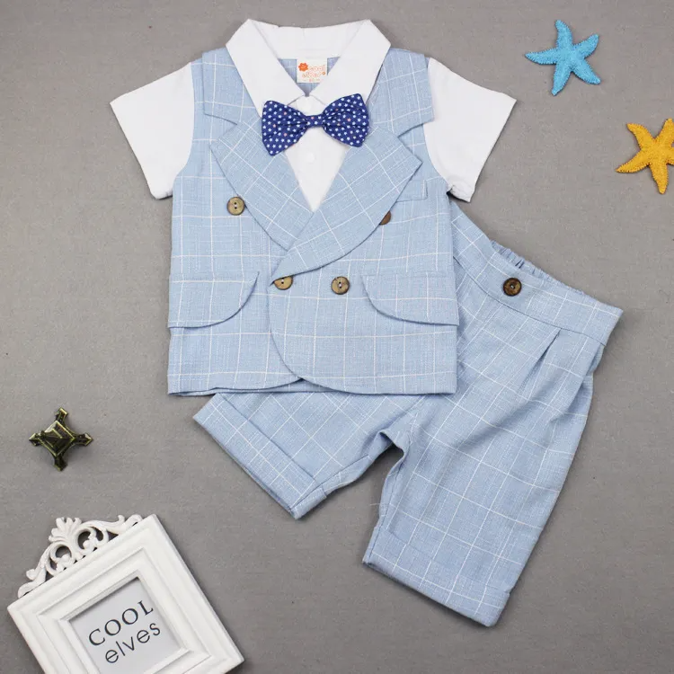 Kids Baby Boys Summer Fashion Casual British Style Bow Playd Waistcoat Shirt Shorts Boys Party Clothing Set