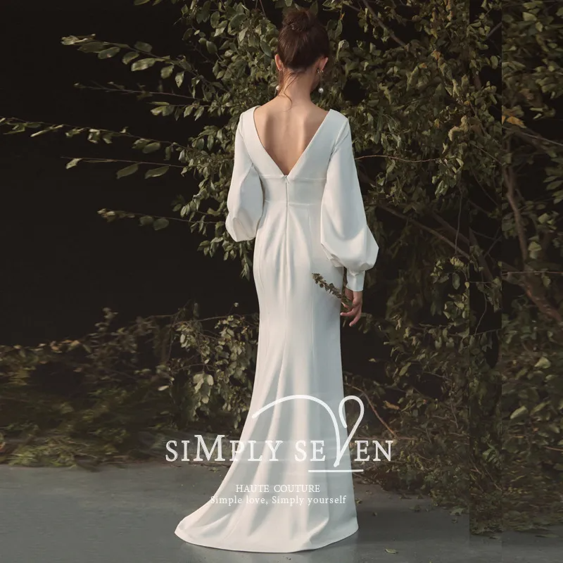 Wedding Women Temperament White Satin Long-Sleeved Evening Dress