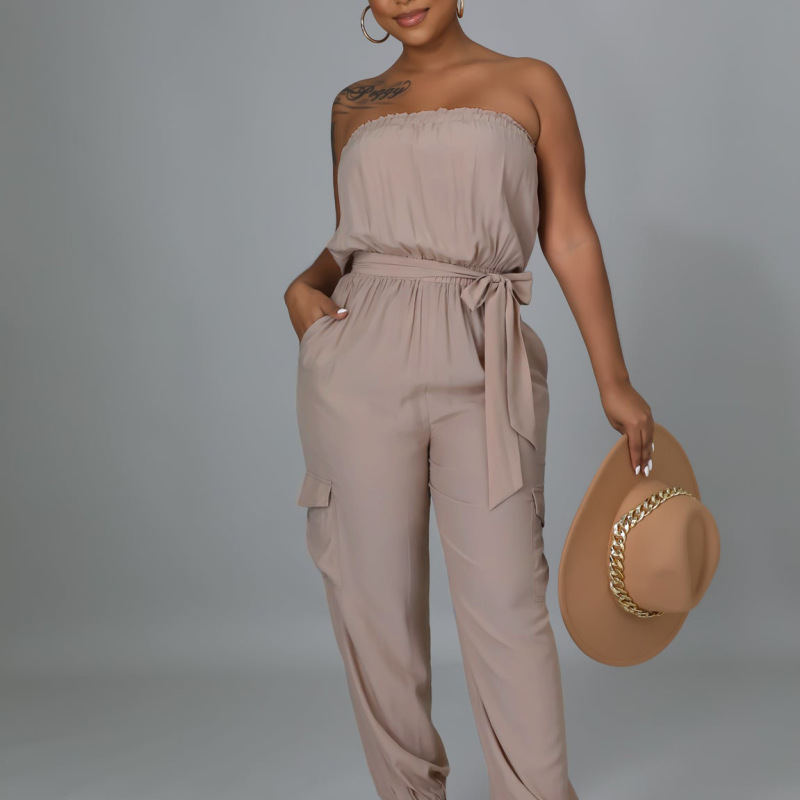 Women Wrap Chest Belt Solid Color Jumpsuit