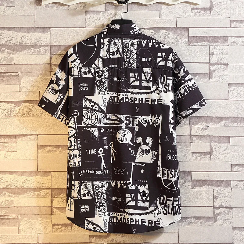 Men Vintage Short Sleeve Lapel Single-Breasted Letter Printed Shirt