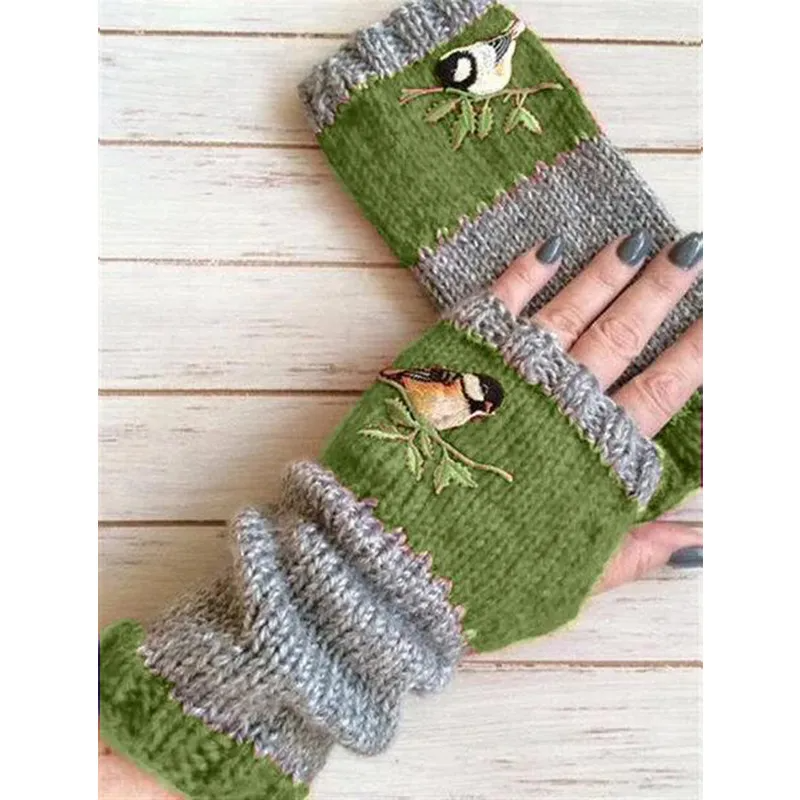 (Buy 1 Get 1) Autumn Winter Women Fashion Warm Stitching Embroidered Half Finger Gloves