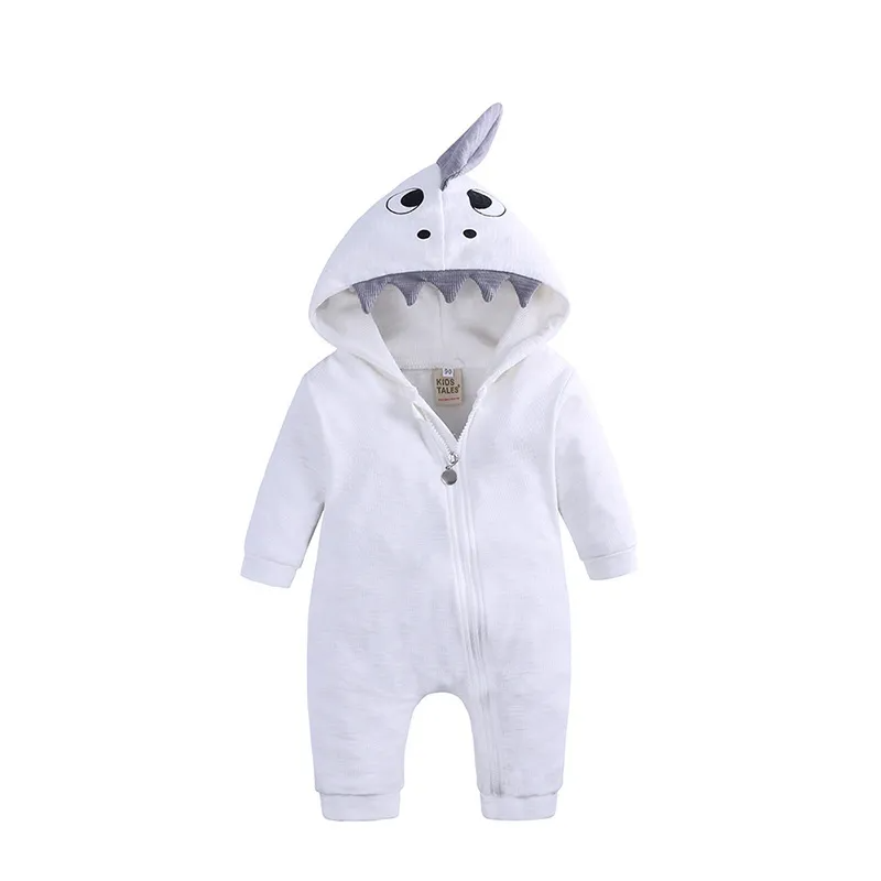 Kids Baby Boys Girls Autumn Winter Casual Cute Solid Color Shark Dinosaur Long Sleeve Hooded Jumpsuit