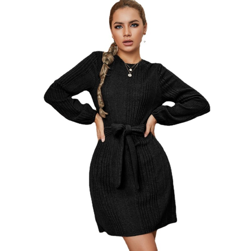 Women Autumn Elegant Office Work Round Neck Long Sleeve Solid Color Knitted Bandage Dress