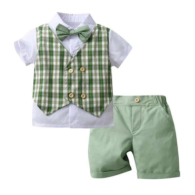 Kids Big Boys Summer Fashion Casual British Style Bow Playd Waistcoat Shirt Shorts Boys Party Clothing Set