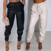 Summer Women Fashion Elastic Waist Casual Solid Color PU Leather Pants