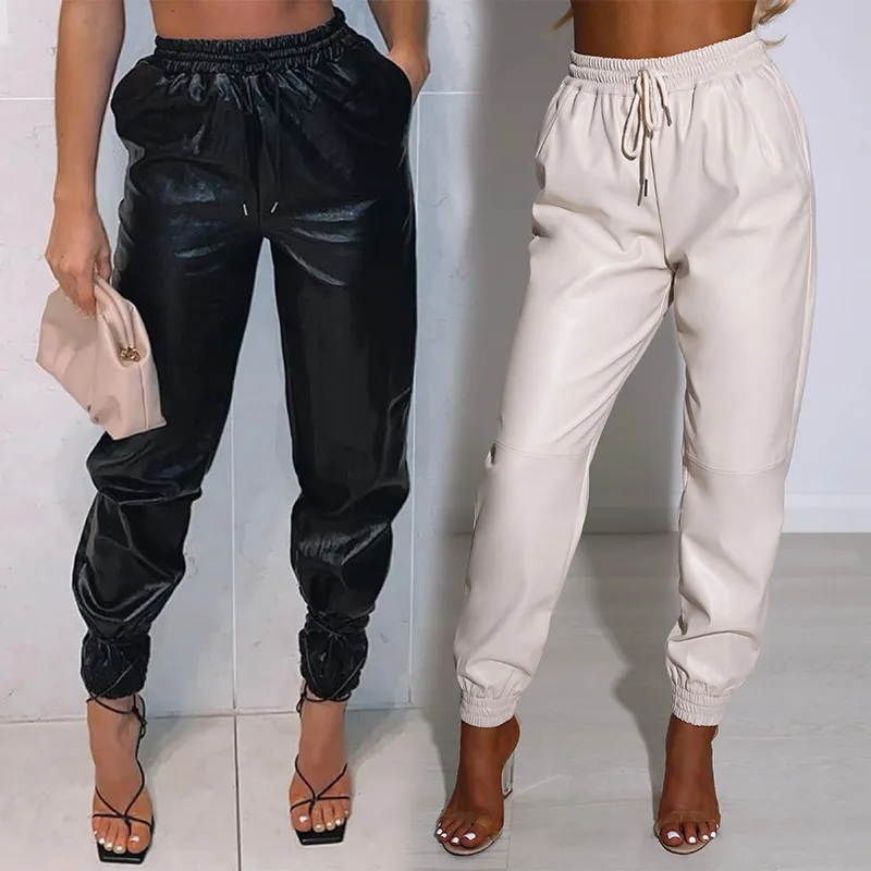 Summer Women Fashion Elastic Waist Casual Solid Color PU Leather Pants