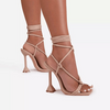 Fashion Women Sexy Solid Color Bandage Square Toe High-Heeled Stiletto Pu Sandals