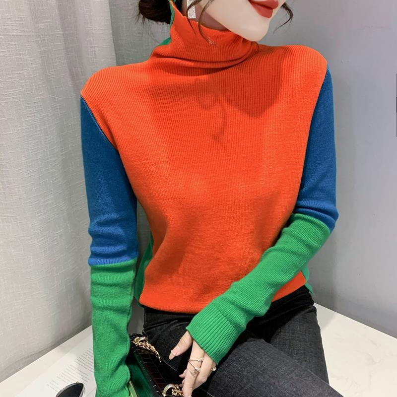 Women Fashion Stitching Pullover Turtleneck Sweater