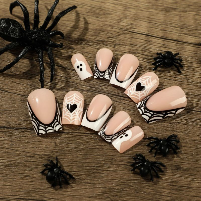 ( Buy 1 Get 2 ) Women Fashion Halloween White Black Border Ghost Heart Love Cobweb Wearable False Nails