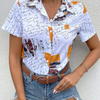 Women Summer Fashion Casual Short Sleeve Letter Print Buttoned Lapel Shirt Blouse