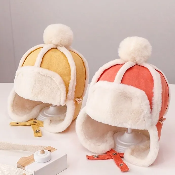 (Buy 1 Get 1) Kids Autumn Winter Casual Cute Woollining Big Fur Ball Suede Cap