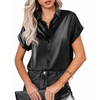 Fashion Women Office Elegant Solid Color Satin Short Sleeve Button Raglan Shirt Blouse