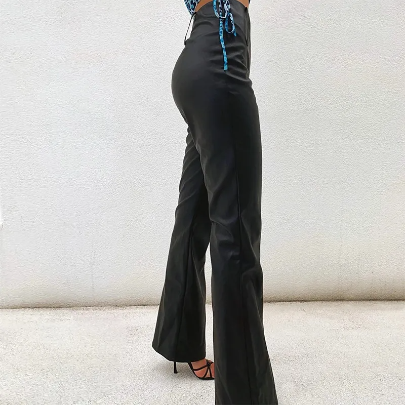 Women Fashion Edgy Solid Color PU Leather Flared Pants