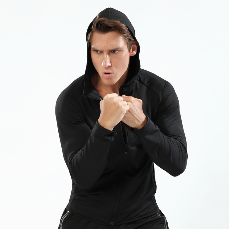 Men Casual Simple Solid Color Hooded Zipper Long Sleeve Sports Jacket