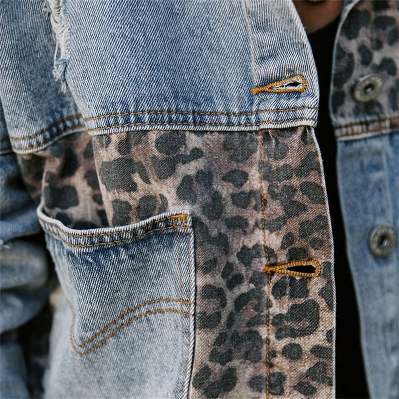 Women Autumn Casual Vintage Patchwork Leopard Loose Denim Jacket Top