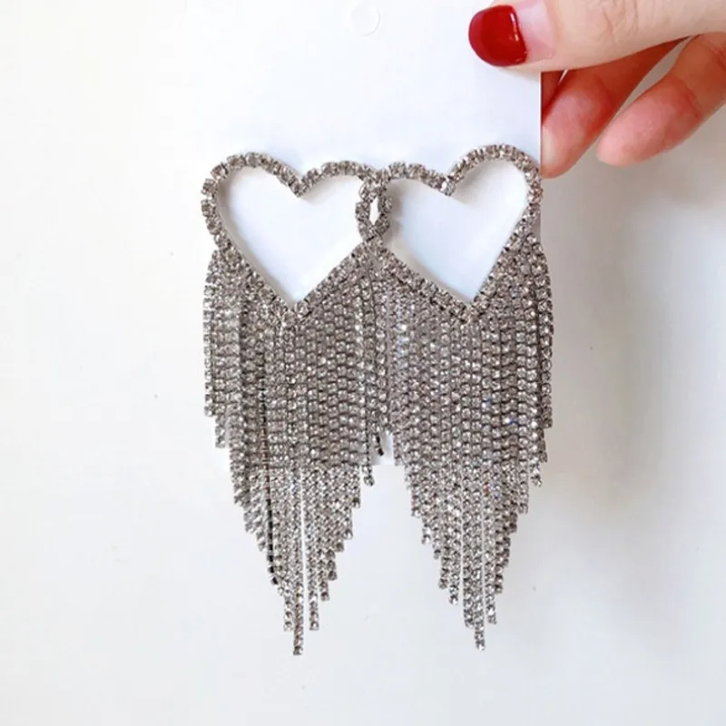 Women Fashion Exaggerated Heart-Shaped Rhinestone Hollow Tassel Earrings