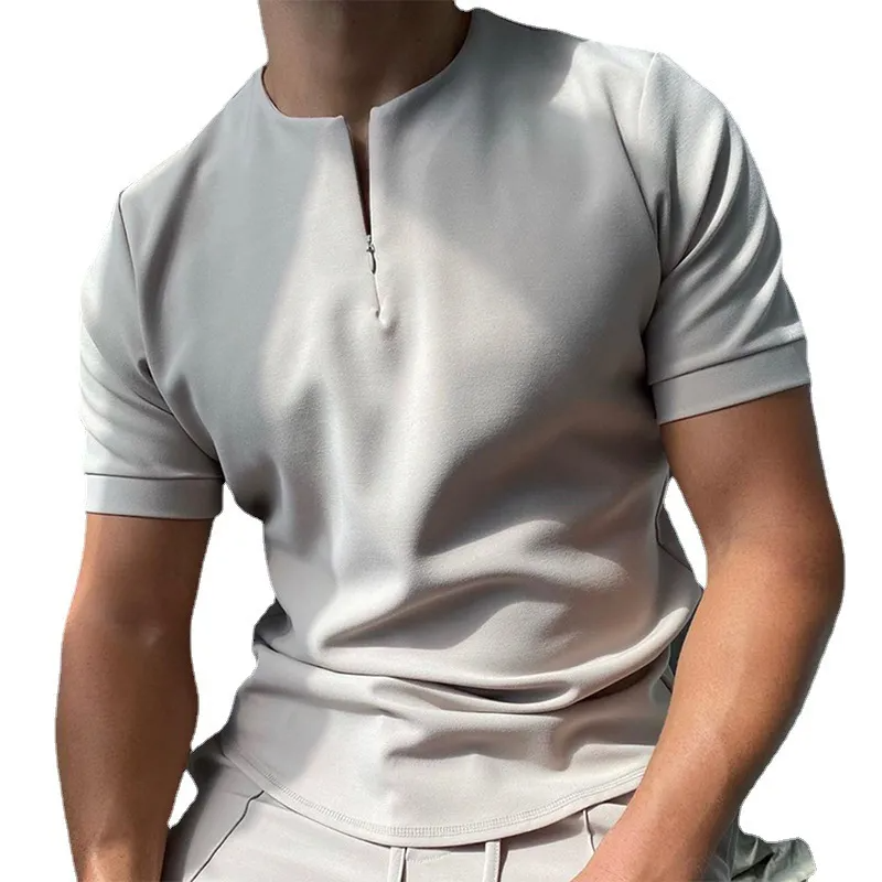 Men Casual Solid Color Slim Fit Zip Short Sleeve Polo Shirt