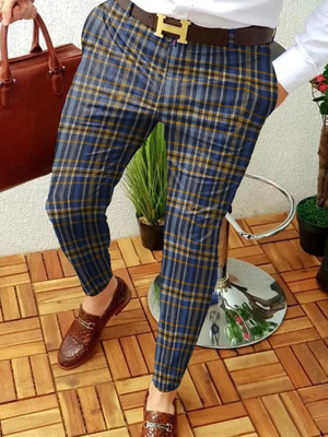 Men Basic Mid-Waist Plaid Printed Color Blocking Straight Suit Pants