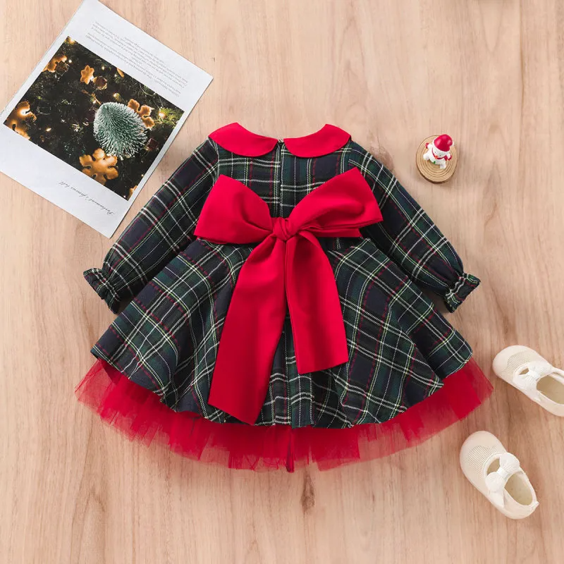 Kids Toddler Girls Fashion Casual Christmas Lapel Long Sleeve Plaid Dress