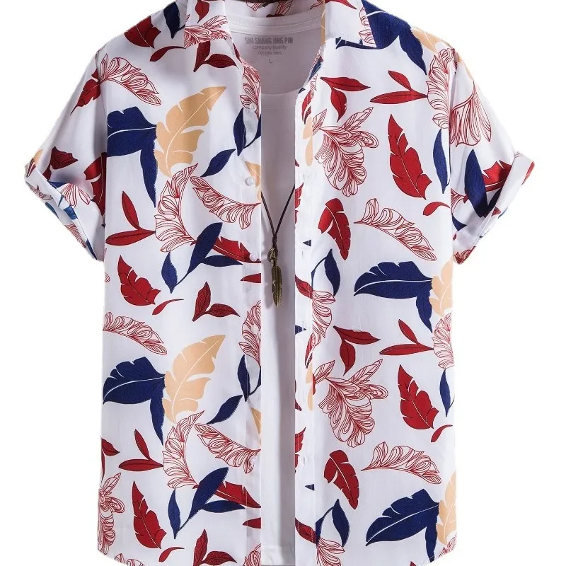 Men Fashion Multicolor Leaf Print Lapel Loose Short Sleeve Shirt