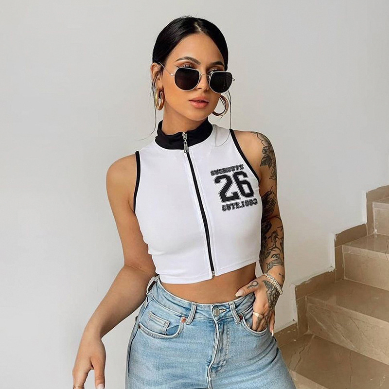 Women Fashion Sexy Mock Neck Letter Printed Sleeveless Zipper Sports Vest Crop Top