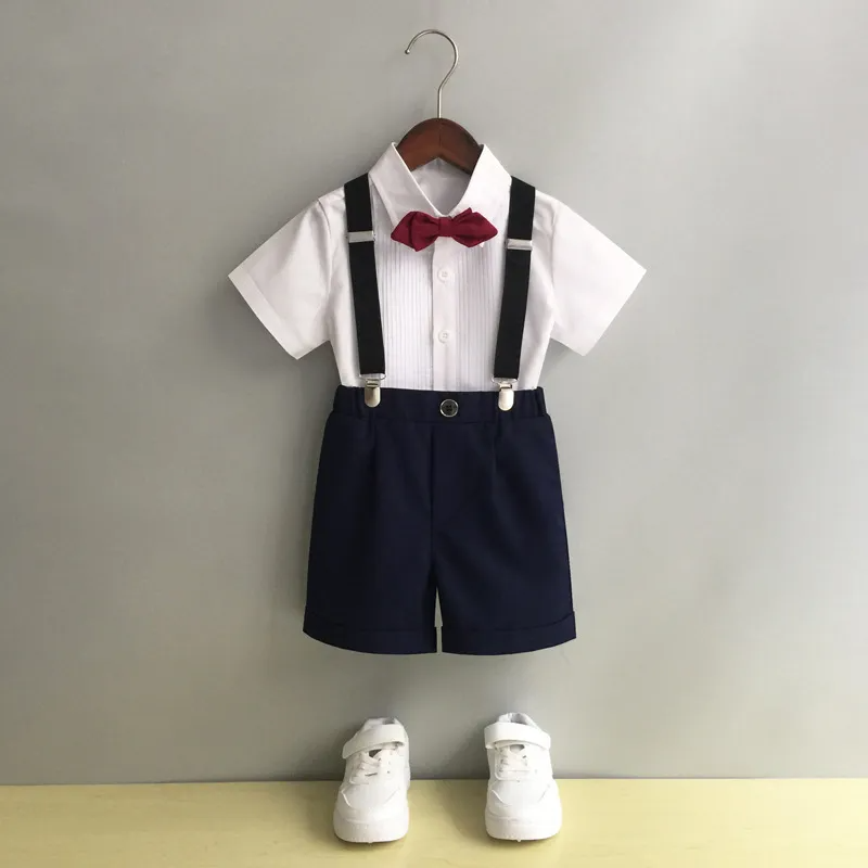 Kids Toddler Big Boys Summer Fashion Casual British Style Bow Shirt Suspender Trousers Boys Party Clothing Set