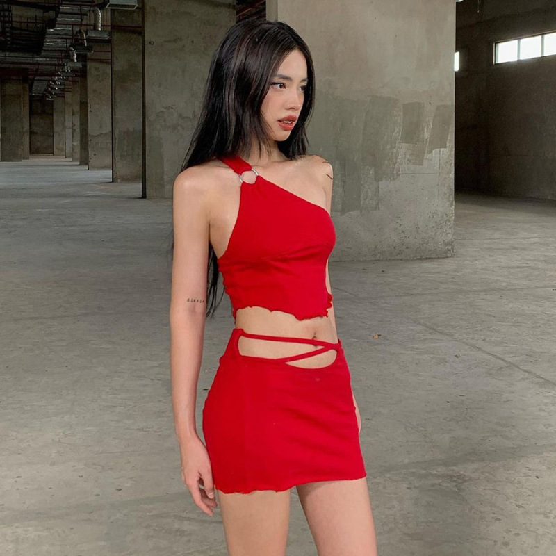 Summer Women Fashion Irreuglar One Shoulder Strap Crop Top Mini Bandage Skirt Set