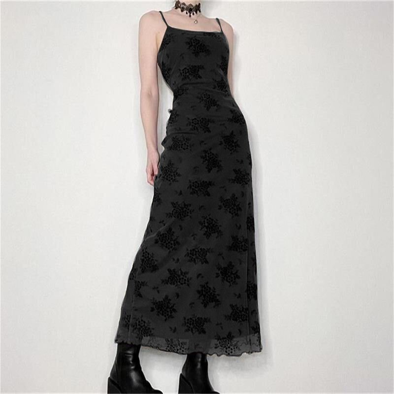 Women Summer Personality Style Dark Printed Long Sling Dress