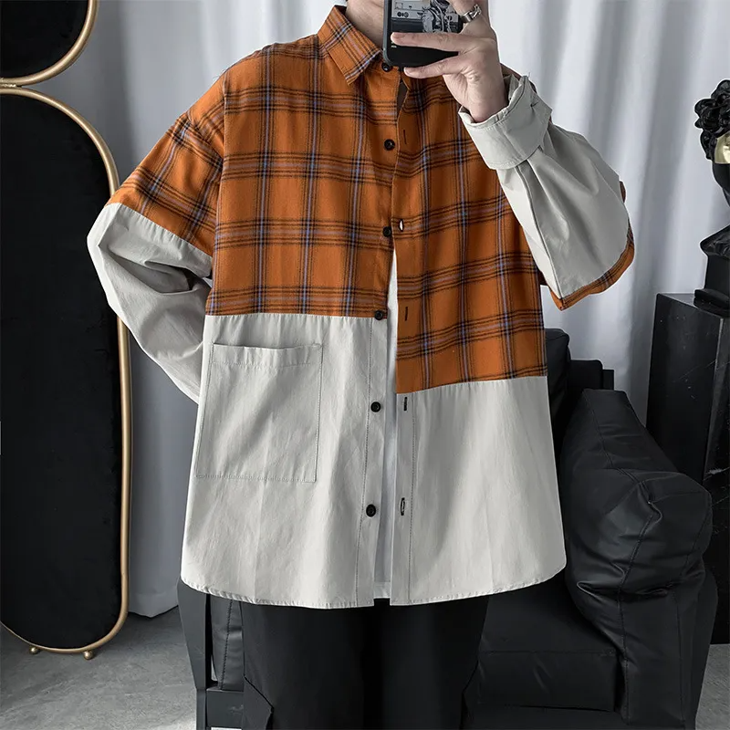 Men Casual Long Sleeve Lapel Single-Breasted Pocket Design Plaid Printed Color Blocking Shirt