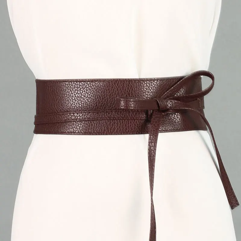 Women Fashion Solid Color Wide Leather Bowknot Tight Waistband For Dress