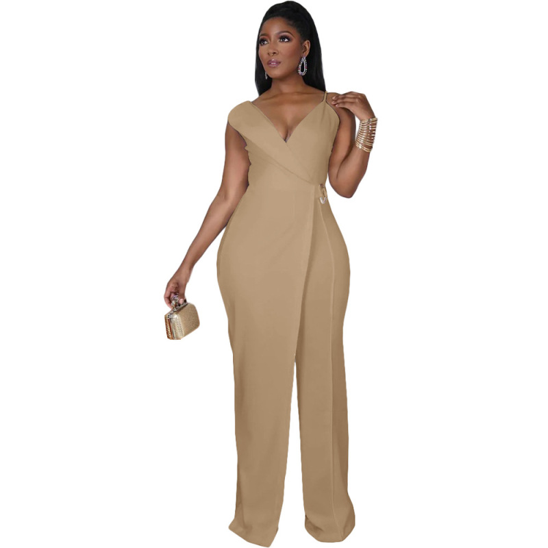 Women Solid Color V-Neck Sleeveless Waist Slim Fashion Jumpsuit