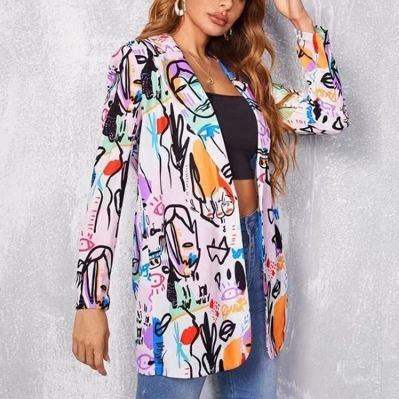 Women Casual Fashion Printed Long Sleeve Suit Jacket Blazers