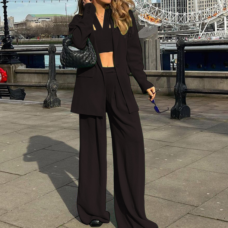 Women Fashion Elegant Long-Sleeved Solid Color Blazer Loose Pants Office Chic Set