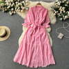 Women Elegant Boho Vacation Solid Color Embroidered Hollow Slim Cropped Sleeve Lace-Up Mid-Length Dress