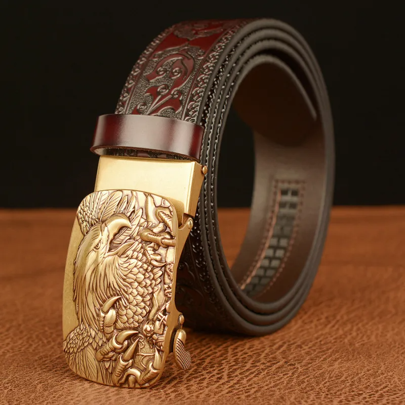 Men Fashion Casual Business Solid Color Embossed Leather Eagle Metal Buckle Belt