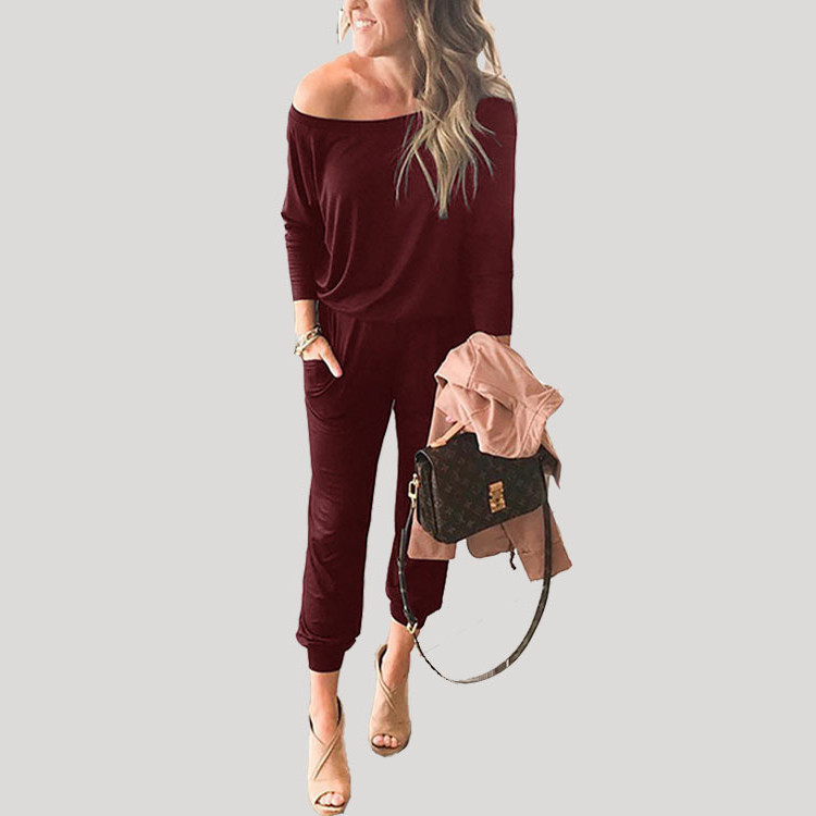 Women Solid Color Casual Long Sleeve Pocket Lace Jumpsuit