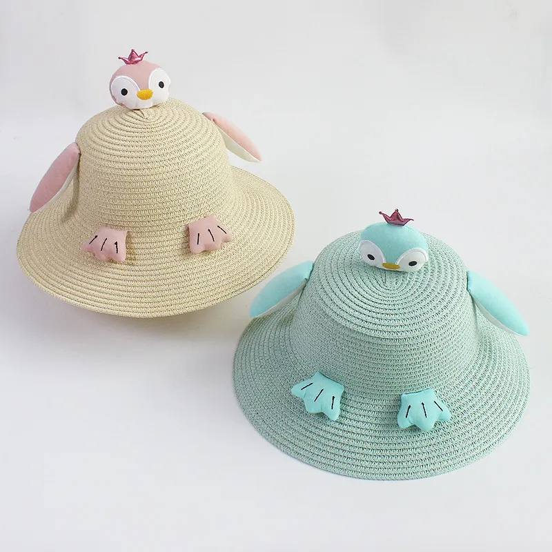 Children Kids Baby Fashion Girls Cartoon Penguin Woven Straw Shoulder Bag And Hat