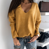 Women Fashion Casual Simple Solid Color V-Neck Pullover Knitted Sweater