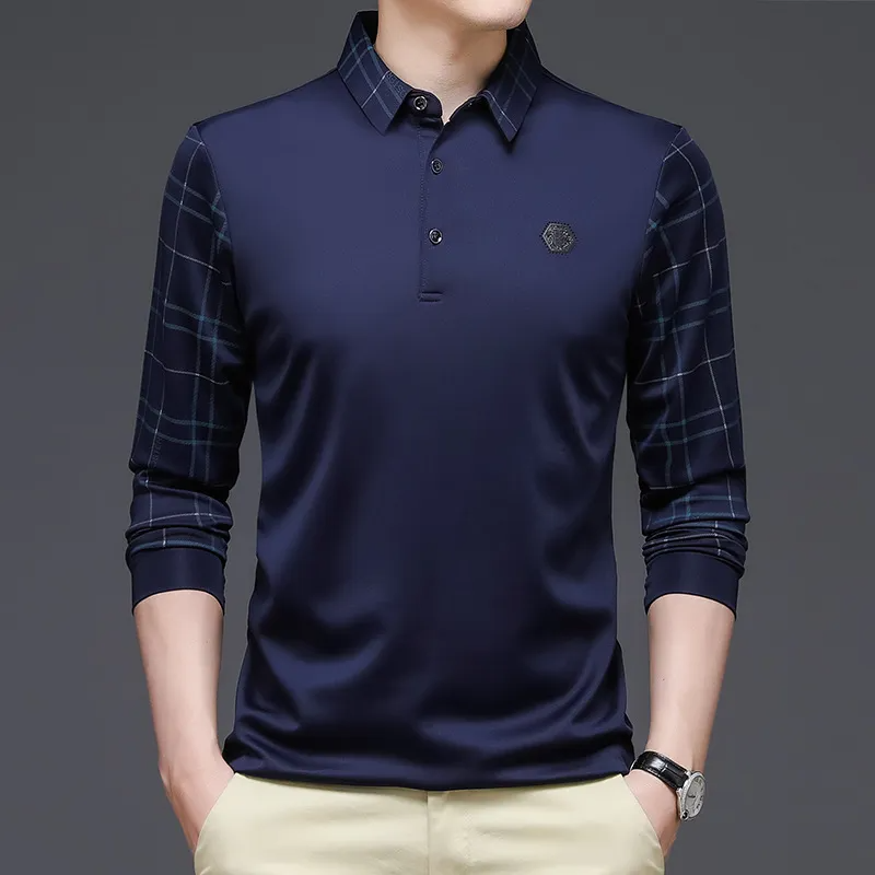 Men Fashion Casual Geometric Pattern Plaid Print Lapel Long Sleeve Loose Polo Shirt